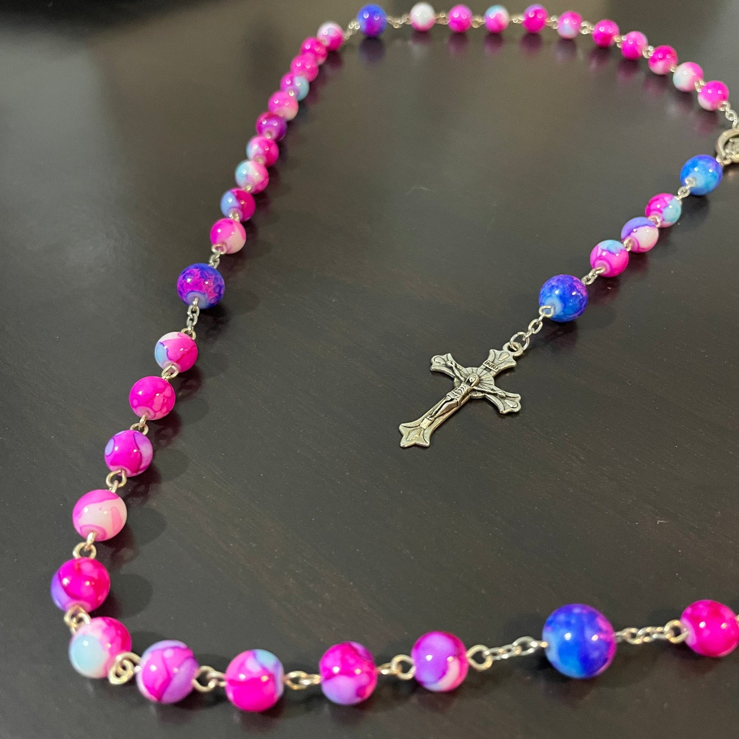 Pink and Blue Watercolor Catholic Rosary