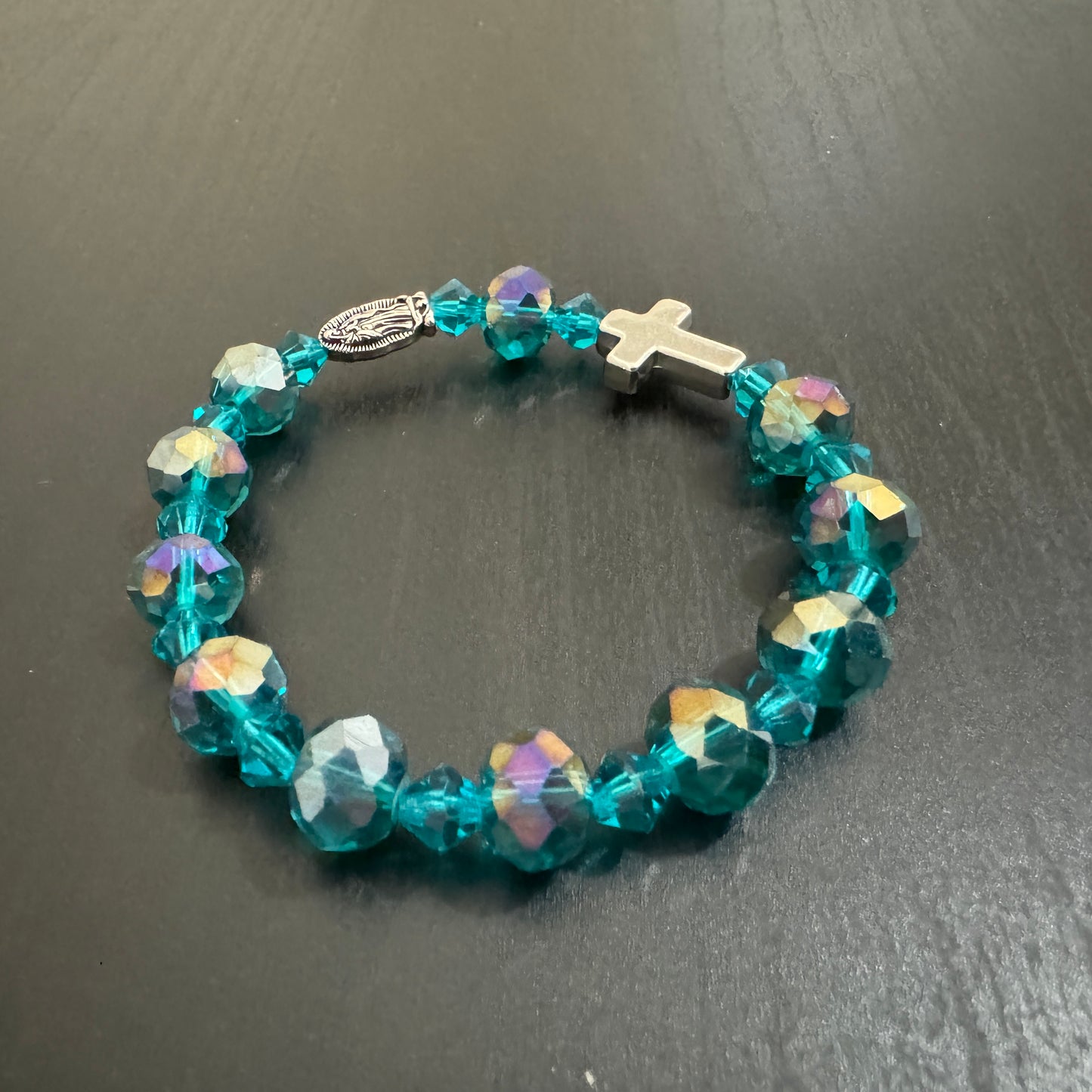 Aqua Glass Beaded Rosary Bracelet