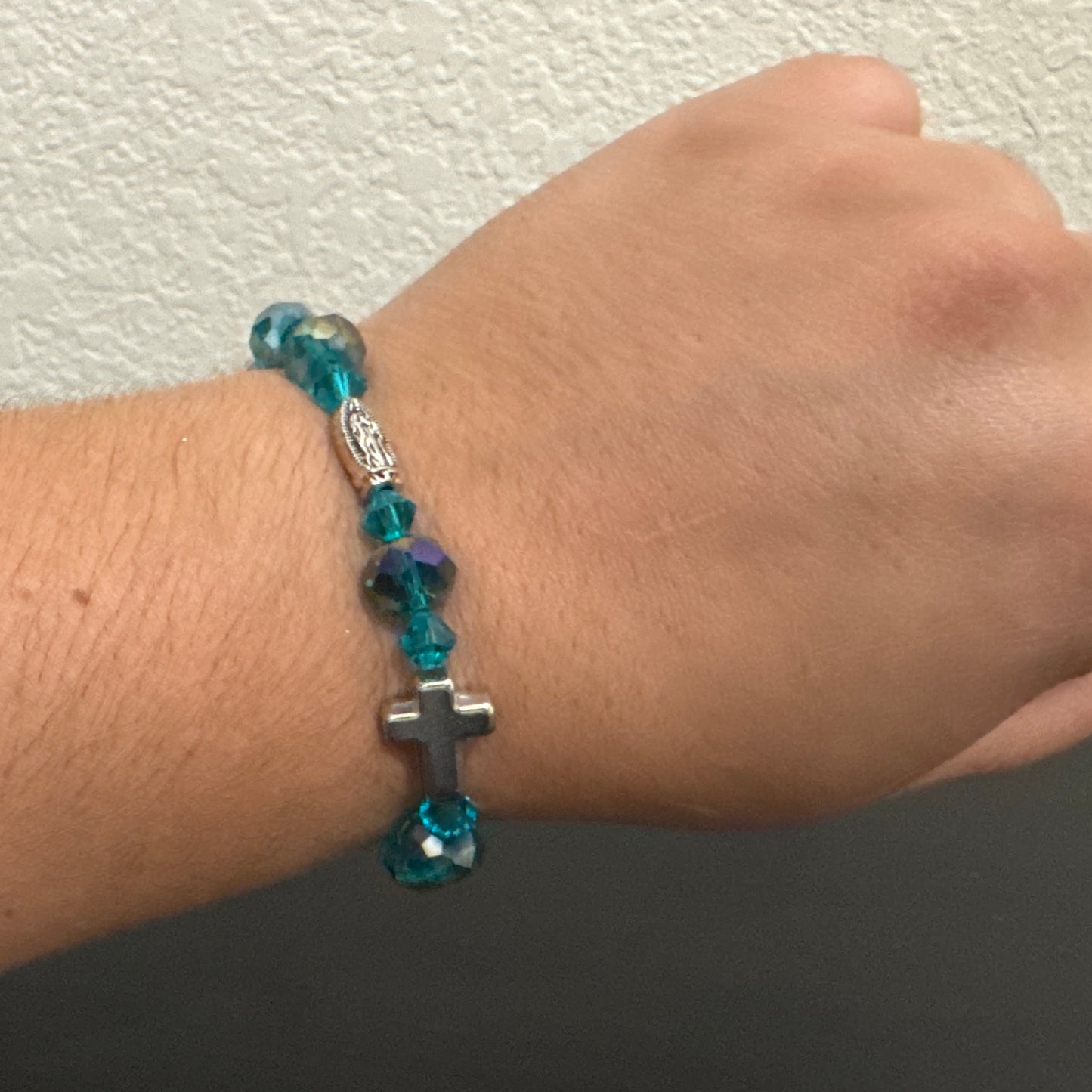 Aqua Glass Beaded Rosary Bracelet