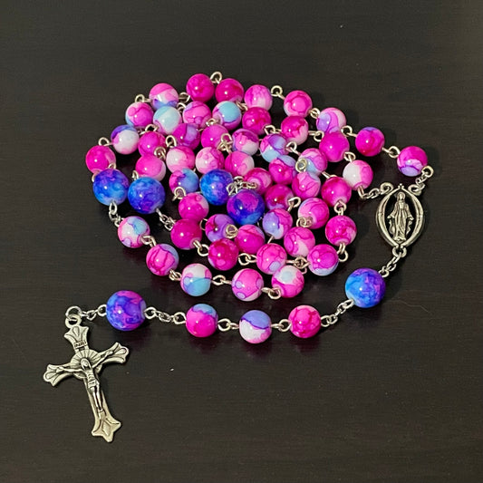 Pink and Blue Watercolor Catholic Rosary