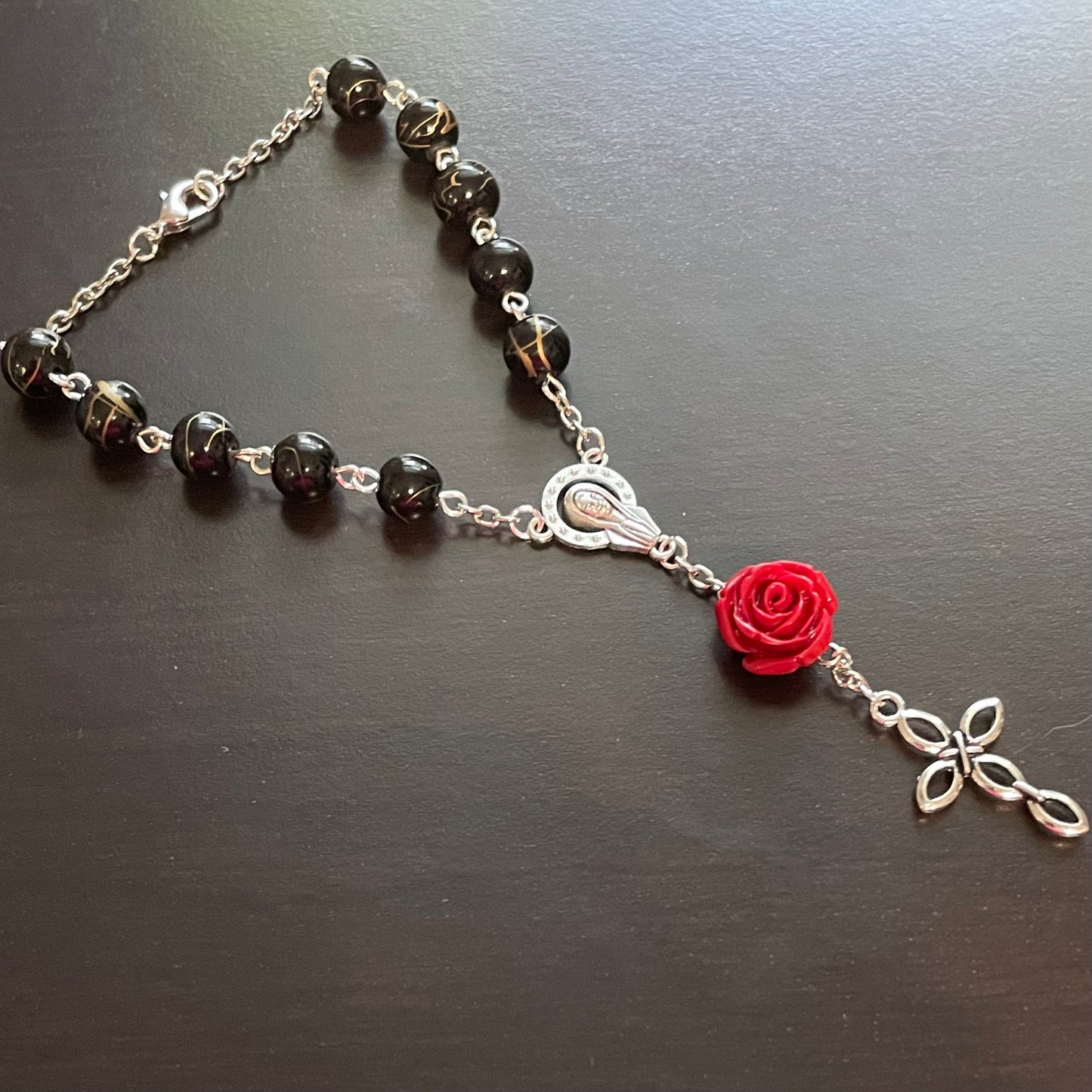 Little Black Car Rosary with Rose