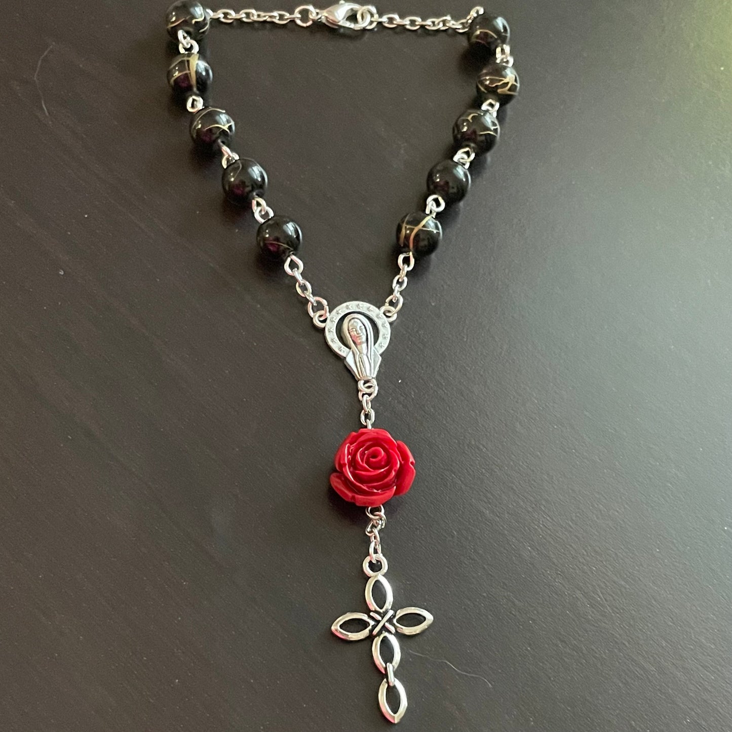 Little Black Car Rosary with Rose